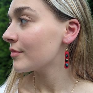 Artisan Handmade Fused glass red earrings with dichroic glass.